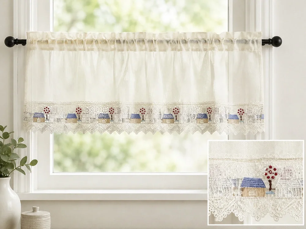 Cottage Village Lace Sheer Rod Pocket Valance Beige House Cream 60x14